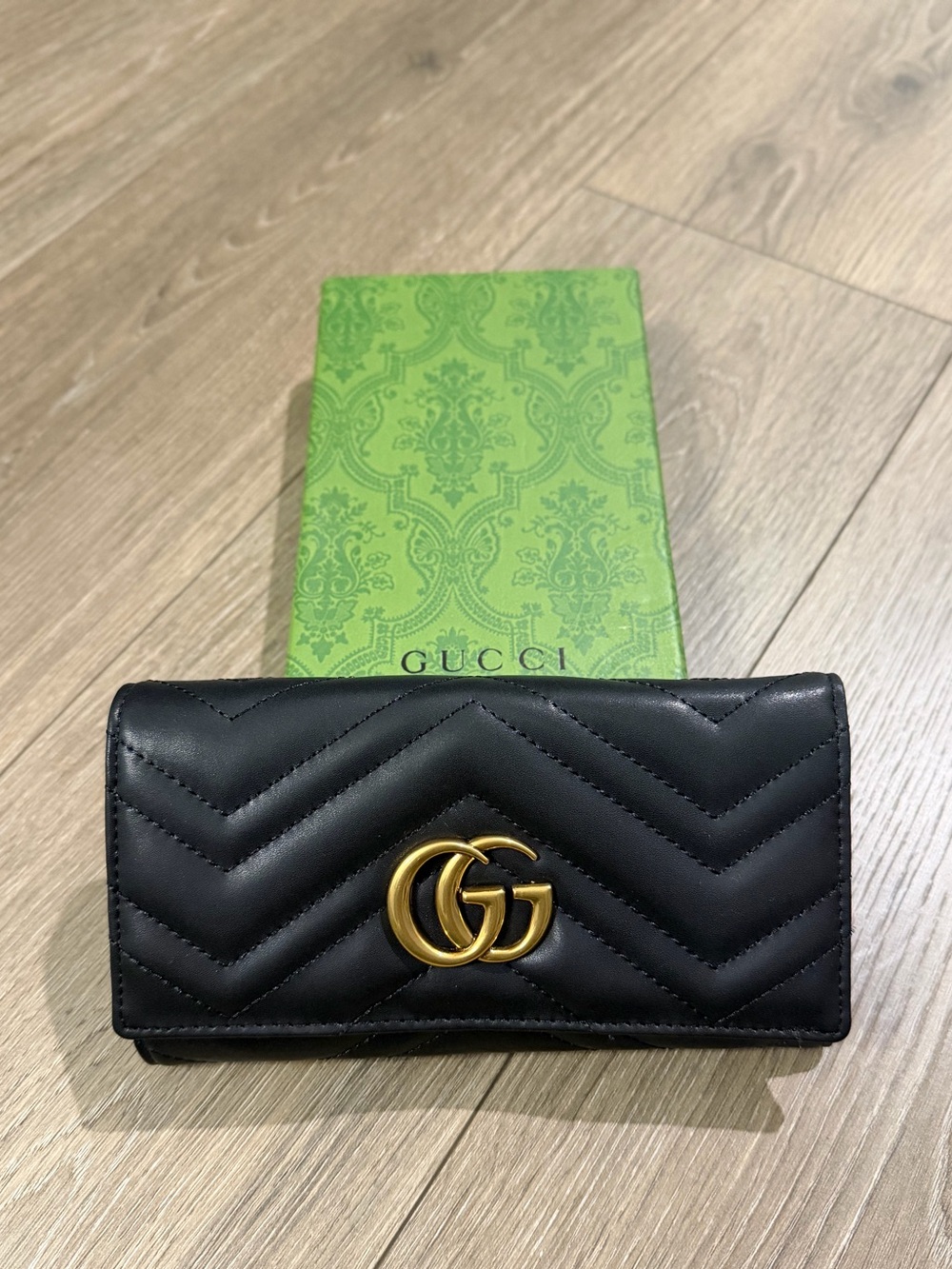 Gucci Black Chevron Leather Wallet with Gold GG Logo